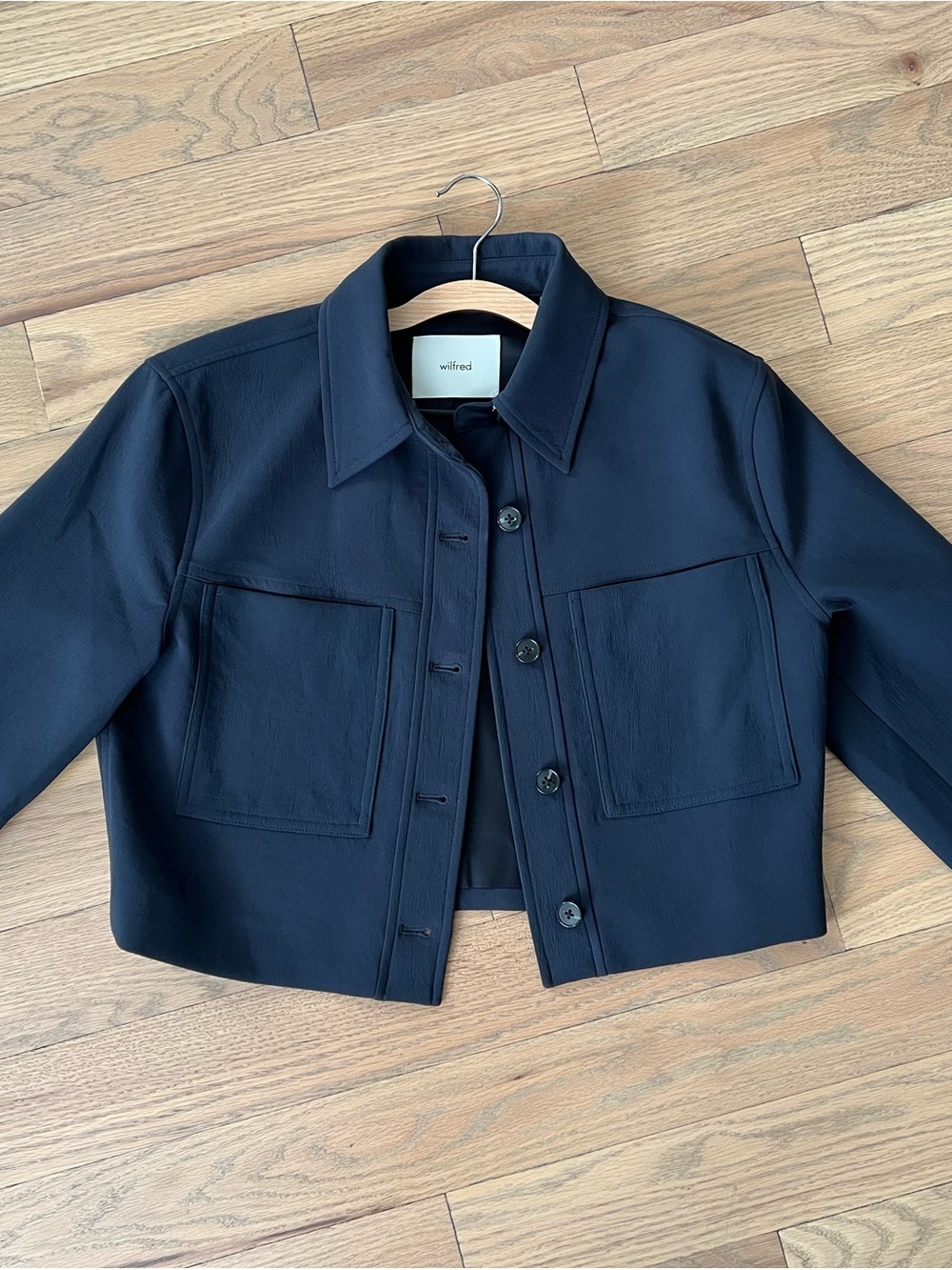 Wilfred Navy Cropped Button-Front Jacket with Patch Pockets